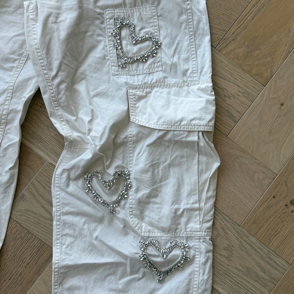 BDG Modified Cream Cargo Pants w/ Rhinestone Hearts - Picture 5 of 8